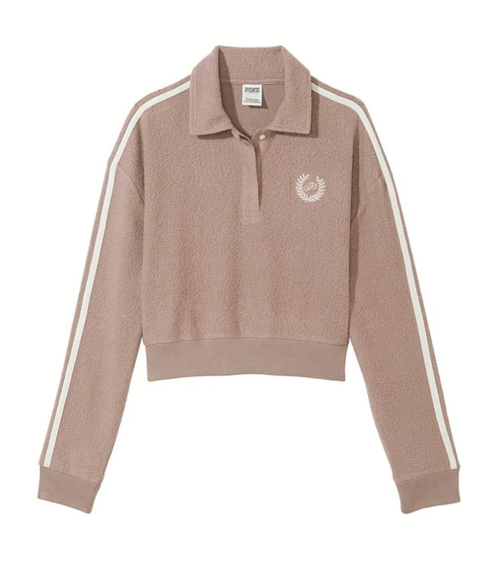 NWT PINK VS Reverse Fleece Cropped Polo Sweatshirt